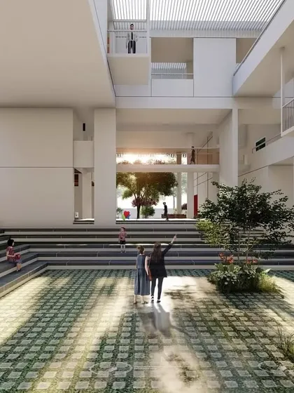 The central courtyard of the Brilliant National School is designed as an open-air amphitheater and social hub. This multi-level space encourages interaction and can be used for assemblies, performances, and informal learning.