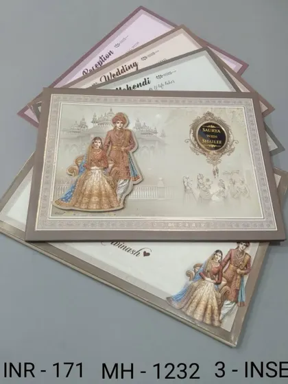 This invitation features a soft, muted illustration of a royal couple, giving it a vintage feel. The set includes three inserts for detailing your Mehendi, Wedding, and Reception.