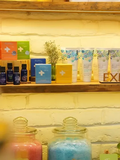 Our product shelves are a feast for the senses. Here you can find everything you need to exfoliate, moisturize, and treat your skin, all made with natural ingredients.