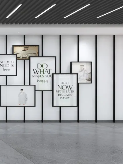 In the foyer for the KGK Group, I created a gallery wall to communicate the company's ethos. The clean, minimalist design with a slatted ceiling and polished concrete floors provides a modern canvas for motivational art, making a powerful first impression.