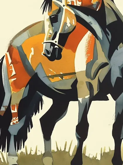 A series of stylized, abstract horse paintings. These artworks use bold lines and fragmented colors to capture the power and grace of the horse, making them a dynamic addition to any modern art collection.