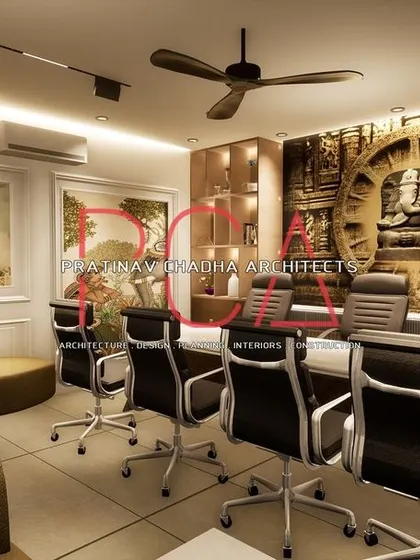 A render showing a side view of the Hari Mandir conference room, highlighting the blend of spiritual art, modern furniture, and comfortable seating areas.