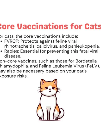 Core vaccinations for cats include FVRCP and Rabies, which protect against fatal viral diseases. I can assess if your cat needs additional non-core vaccines based on whether they spend time outdoors.