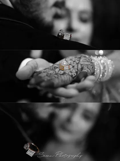 A black and white collage focusing on the engagement rings, with artistic shots of the rings on the hand and on the groom's shoulder.