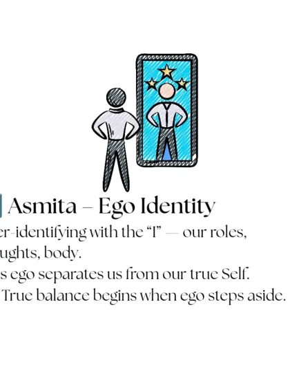 The second Klesha is Asmita, or ego identity. This is when we over-identify with our roles, thoughts, and body, which separates us from our true Self. True balance begins when the ego steps aside.