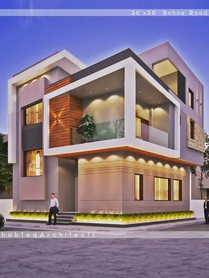 An upcoming residential project for a 30x30 plot on Sohna Road. The design features a prominent framed balcony that cantilevers out, creating a powerful architectural statement with a mix of wood, glass, and solid planes.