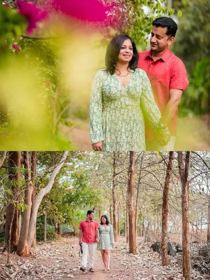 A collage of a couple enjoying a walk in the woods. We believe that the best photos come from relaxed and natural interactions.