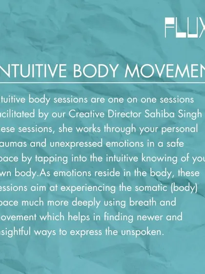 This graphic explains our Intuitive Body Movement sessions, which are one-on-one sessions designed to work through personal traumas and unexpressed emotions in a safe space.