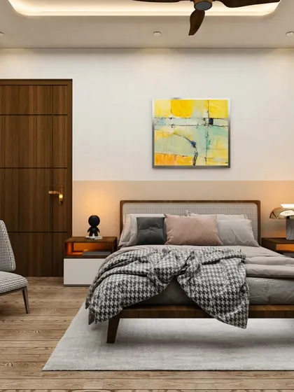 A 3D render of a serene bedroom with a two-tone wall, simple wooden furniture, and a pop of color from the abstract artwork, creating a calm and modern vibe.