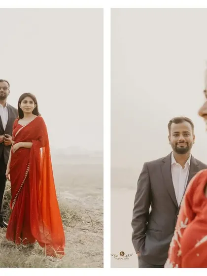 A diptych showing a couple in a field with a hazy backdrop, and a close-up of their connection. This showcases my ability to capture both wide, atmospheric shots and intimate portraits in one session.