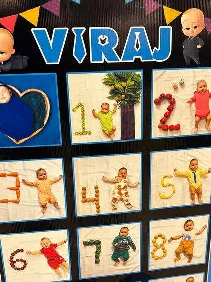 A close-up of a personalized "Boss Baby" themed milestone board. I can create these custom boards that showcase your baby's monthly photos, making for a wonderful keepsake and decor element.