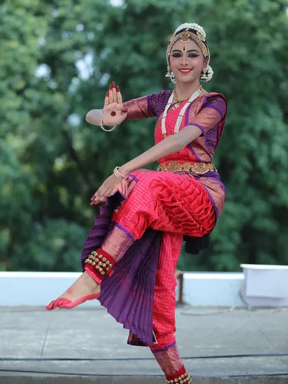 Deekshitha Muthusamy is a very talented dancer who recently completed her Arangetram in Coimbatore. This pose showcases her excellent form and flexibility.