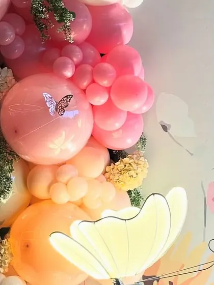 A close-up of the balloon details, with delicate butterfly stickers and hints of greenery tucked in for a natural, garden-like feel.