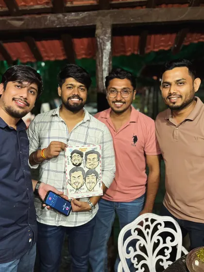 Another group of friends enjoying their caricature after a meal together. My art is perfect for making any casual get-together feel like a special occasion.