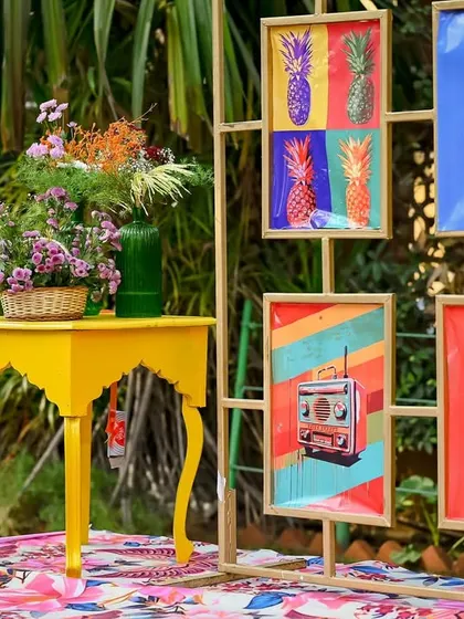 A closer look at the pop-art wall, featuring retro-cool designs like ice creams and boomboxes.