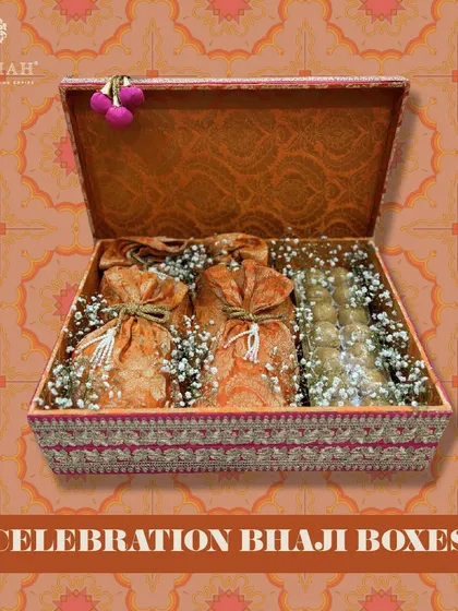 A clean, product-focused shot of the Celebration Bhaji Box, highlighting its rich colors and textures. It's a gift that is both traditional and incredibly luxurious.