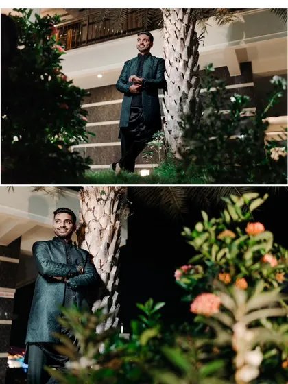 A stylish solo portrait of the groom-to-be, looking sharp and ready for his engagement celebration.