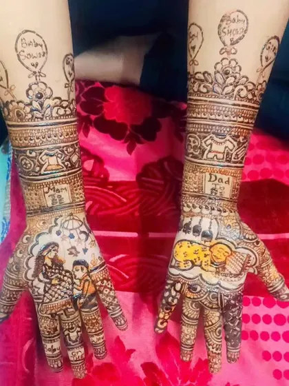 Another take on a baby shower theme. This design includes cute elements like baby clothes, balloons, and portraits of the family, telling a sweet story on the hands.