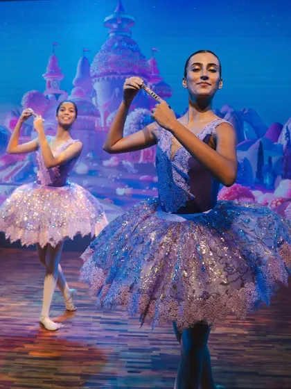 The "Dance of the Reed Flutes" from "The Nutcracker," performed by our National Youth Ballet. The sparkling tutus and magical castle backdrop are part of the complete production value we deliver.