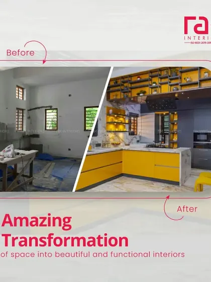 An amazing transformation of a kitchen space, from a bare construction site to a vibrant and functional yellow and grey modular kitchen.