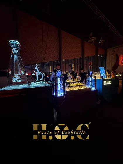When the after-party starts, the energy shifts. This setup is designed for a high-octane party, with a focus on shots and tequila, featuring a custom ice sculpture of a 1942 Don Julio bottle.