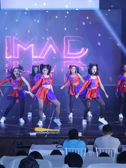 A wide view of the "Harley Quinn's" performance, capturing the professional stage lighting and the energy of the dancers.