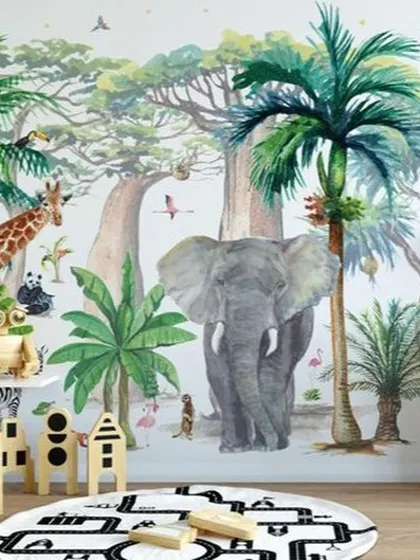 A duplicate of media 116, this artistic jungle wallpaper with a large elephant is a stylish choice for a modern nursery. The watercolor effect gives it a softer, more sophisticated look.