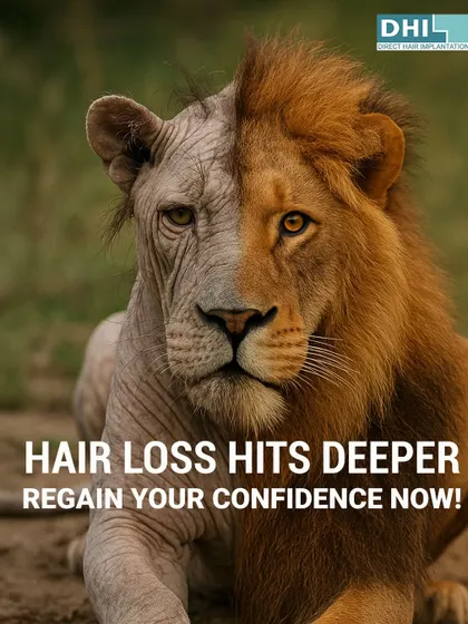 **Hair Loss Hits Deeper:** Using the powerful metaphor of a lion losing its mane, this image connects hair loss to a loss of confidence and power. It serves as a call to action to regain your crown and rule your life with confidence.