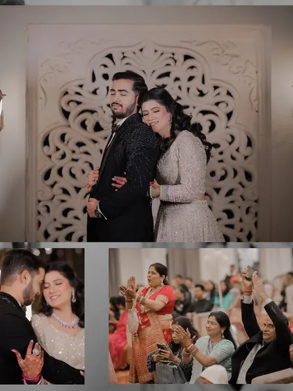 This collage captures both the public celebration and the private moments of a Sangeet. It shows the couple in a tender embrace, contrasted with the cheering crowd, telling a complete story of the night.