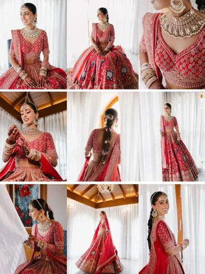 A comprehensive collage of a bride's getting ready moments, showcasing her full attire, hairstyle, and radiant smiles from various angles.