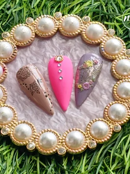 A beautiful collection of student work, featuring henna-inspired painting, bold pink, and delicate florals.