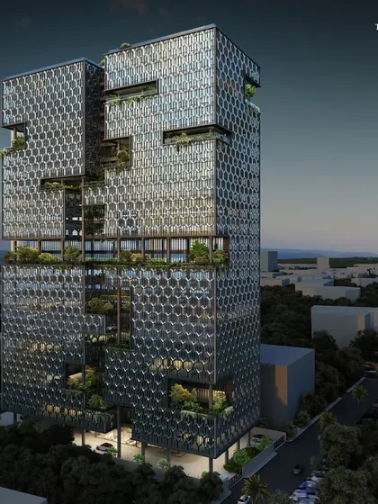 An alternate view of the Worli commercial tower, showcasing its impressive 512,350 sq. ft. structure. The design mirrors the client's brand essence of timelessness and resilience, embodying durability in its architectural expression.