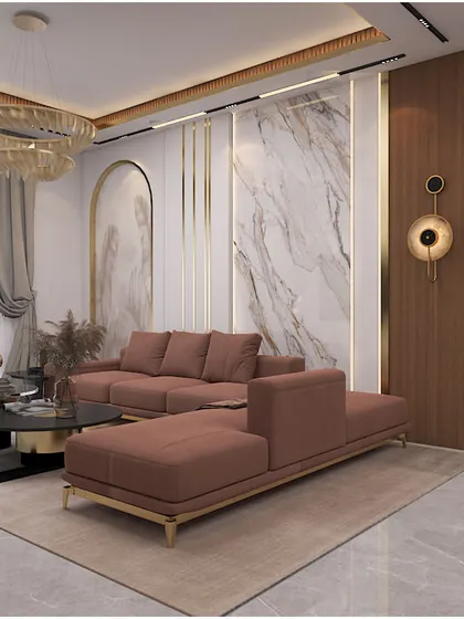 A glamorous living room concept with a marble accent wall, gold trim, and a plush sectional sofa, perfect for a high-end, luxurious home.