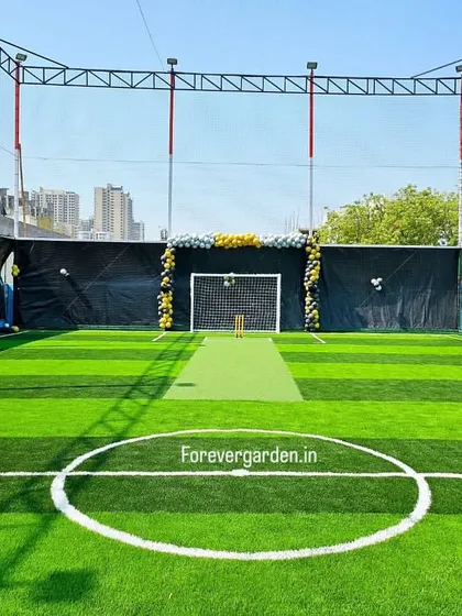 We install professional-grade artificial turf for sports facilities, like this dual-purpose cricket and football ground, ensuring a durable, all-weather playing surface.