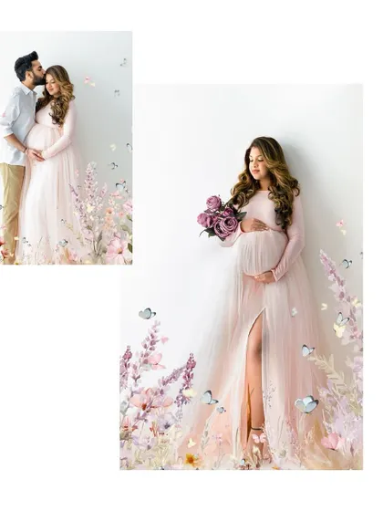 This collage captures the essence of a dreamy, floral-themed maternity shoot. It shows how we can create a variety of beautiful shots within a single session.