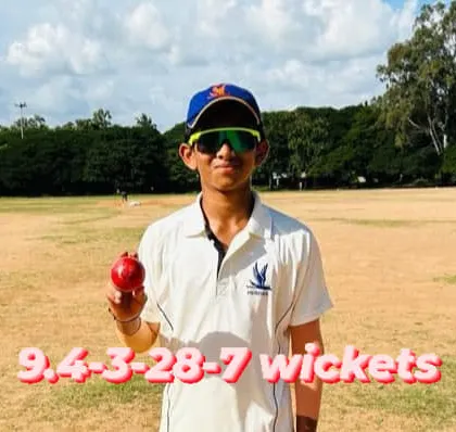An outstanding 7-wicket haul by our bowler Prathyush G Shetty in a KSCA BTR Tournament U-14 league match. His figures: 9.4 overs, 3 maidens, 28 runs, 7 wickets.