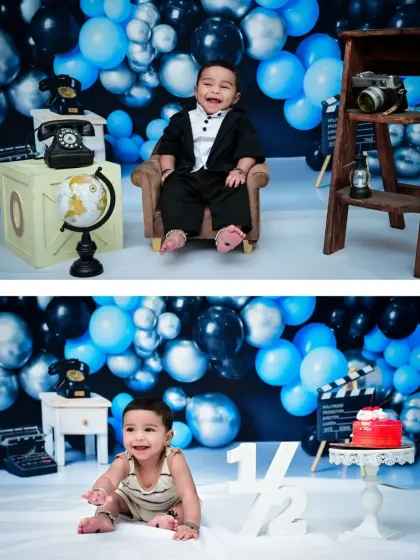 This collage shows two different setups for a half-birthday shoot. One is a formal 'boss baby' theme, and the other is a playful half-cake smash, showing the flexibility of my milestone sessions.