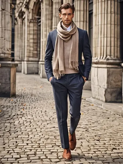 This is an example of an 'Ethical Elegance' concept for menswear. The AI-generated image visualizes a man in a tailored navy suit paired with a warm camel scarf, showcasing a timeless, sophisticated look for a brand focused on sustainable style.