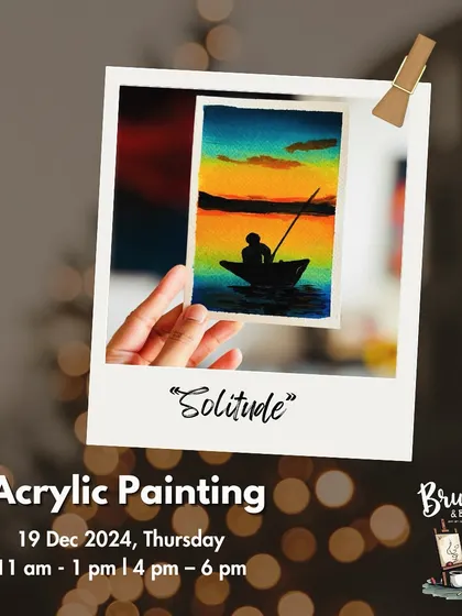 An announcement for our "Solitude" acrylic painting workshop, perfect for those looking for a quiet, meditative experience.