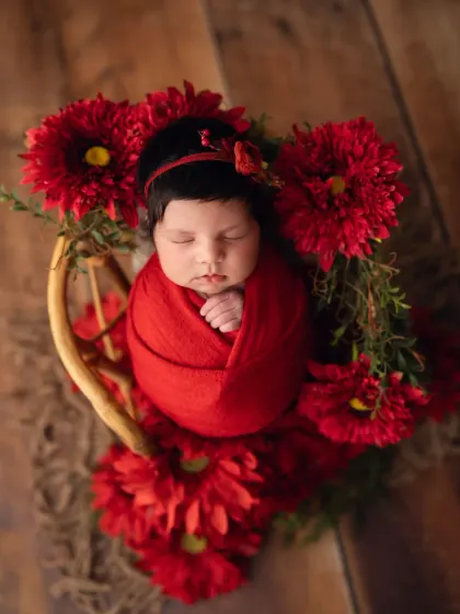 Bold and beautiful. A newborn girl wrapped in vibrant red, nestled in a basket filled with matching red flowers for a striking and artistic portrait.