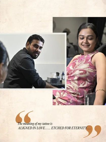 "The meaning of my tattoo is ALIGNED IN LOVE.... ETCHED FOR ETERNITY..." The simple, powerful concept behind a couple's matching tattoos.