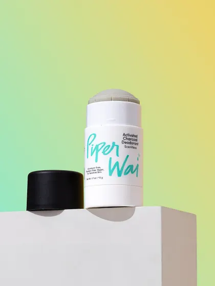 A simple hero shot for Piper Wai's charcoal deodorant. We used a colorful gradient background created in post-production to make the minimalist product packaging pop.