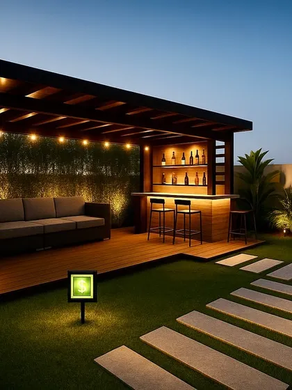 A 3D concept for a tropical terrace garden in Vasant Kunj, featuring a pergola with a built-in bar and seating area, perfect for evening entertaining.