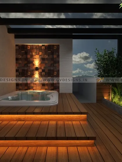 This detail shot highlights the jacuzzi area, featuring a textured stone accent wall with a central sconce light. The warm, indirect LED lighting installed under the wooden steps provides safety and adds a layer of sophisticated warmth to the entire space.