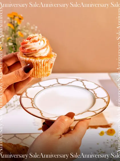 A delicious cupcake served on a plate from my Anardana collection. This image highlights how my elegant dinnerware can make even the simplest treats feel like a luxurious indulgence.