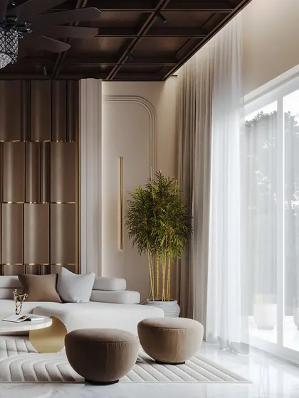This angle focuses on the plush, sculptural seating and the textural contrast with the smooth marble floor. The render demonstrates the balance between soft forms and hard surfaces.