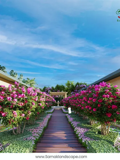 We believe a garden should tell a story. This design for a long, elegant walkway is lined with flowering bougainvillea, creating a beautiful, immersive journey through the landscape and showcasing our expertise in planting design and creating powerful visual axes.