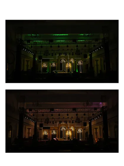 A collage showing the versatility of the Sangeet stage lighting, which could change colors to match the mood of each performance.
