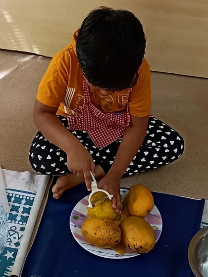 A collage of moments from our mango-themed cooking sessions, where children learned to peel, slice, and prepare delicious mango treats like milkshakes and cheesecake.