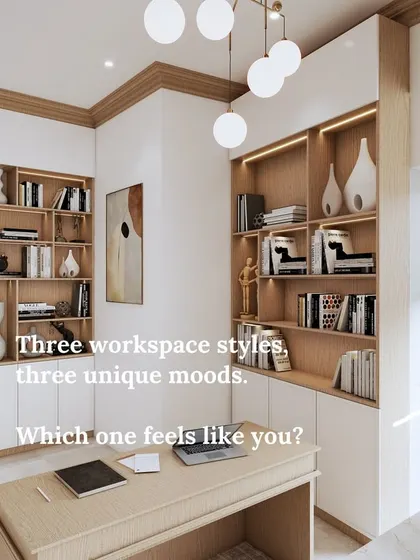 A collage of three unique study room styles shown in 3D views, from warm wood vibes to sleek minimalism to bold functionality.